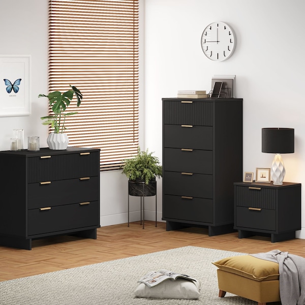 Manhattan Comfort Granville Black 5-Drawer Tall Dresser, 3-Drawer Standard Dresser and 2-Drawer Nightstand, Set of 3 GRAN052 - main
